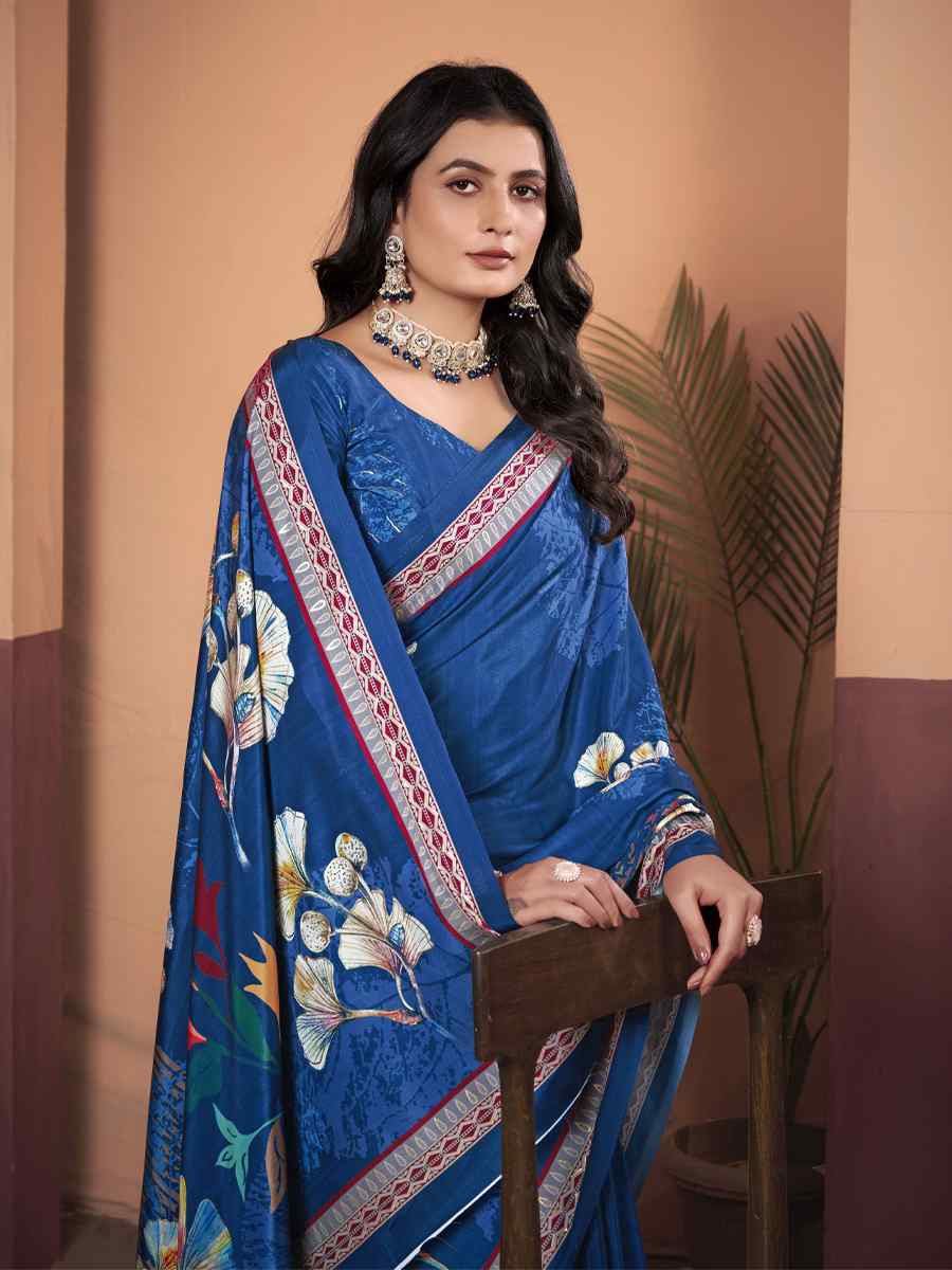 Blue Soft Crepe Silk Printed Festival Wedding Heavy Border Saree
