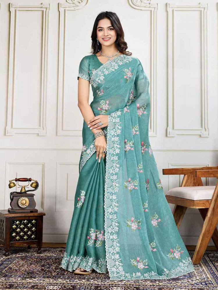 Image of Blue Soft Crunchy silk Embroidered Bridesmaid Reception Heavy Border Saree