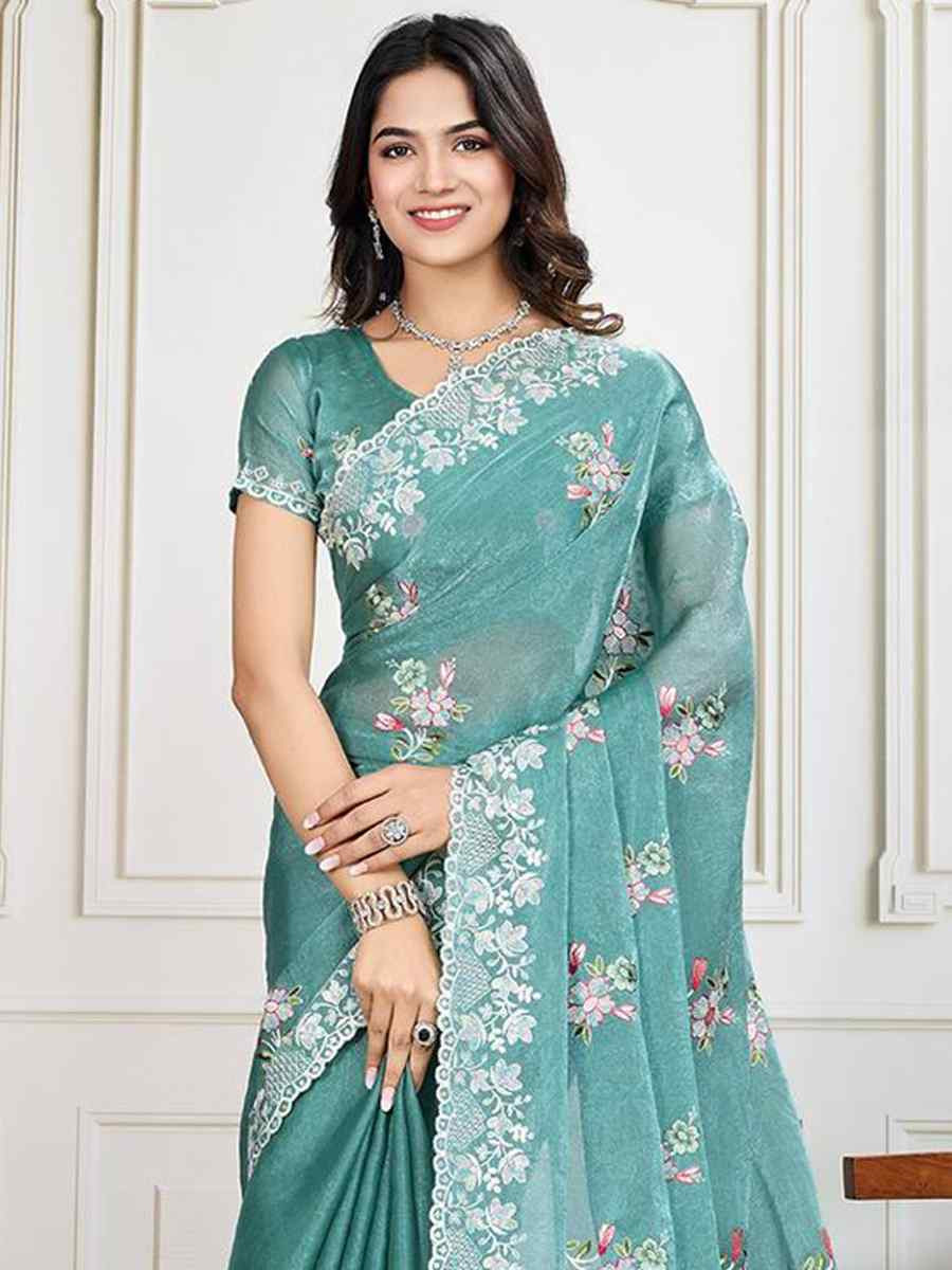 Blue Soft Crunchy silk Embroidered Bridesmaid Reception Heavy Border Saree