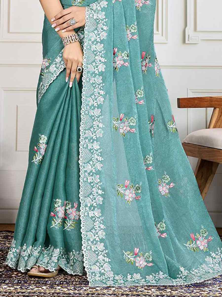 Blue Soft Crunchy silk Embroidered Bridesmaid Reception Heavy Border Saree