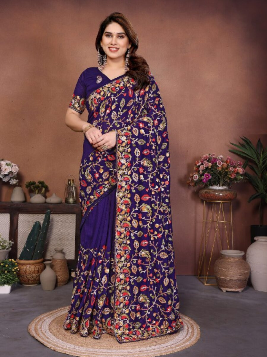 Blue Soft Crush Silk Embroidery Wedding Reception Party Casual Heavy Border Sarees