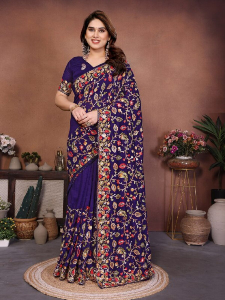 Image of Blue Soft Crush Silk Embroidery Wedding Reception Party Casual Heavy Border Sarees