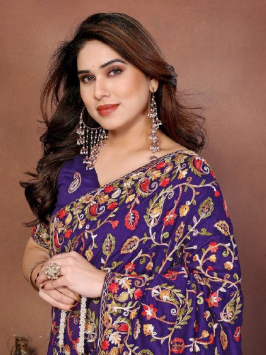 Blue Soft Crush Silk Embroidery Wedding Reception Party Casual Heavy Border Sarees