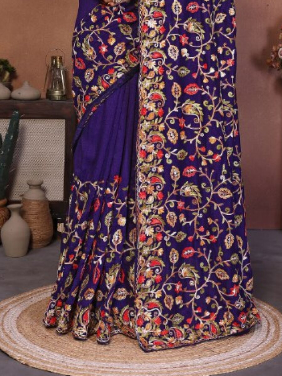 Blue Soft Crush Silk Embroidery Wedding Reception Party Casual Heavy Border Sarees