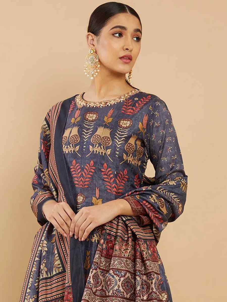 Blue Soft Dola Silk Printed Festival Casual Ready Anarkali Salwar Kameez