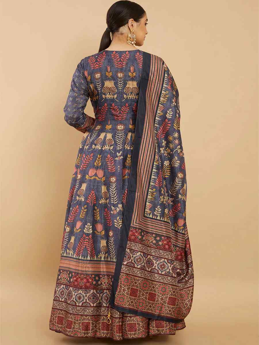 Blue Soft Dola Silk Printed Festival Casual Ready Anarkali Salwar Kameez