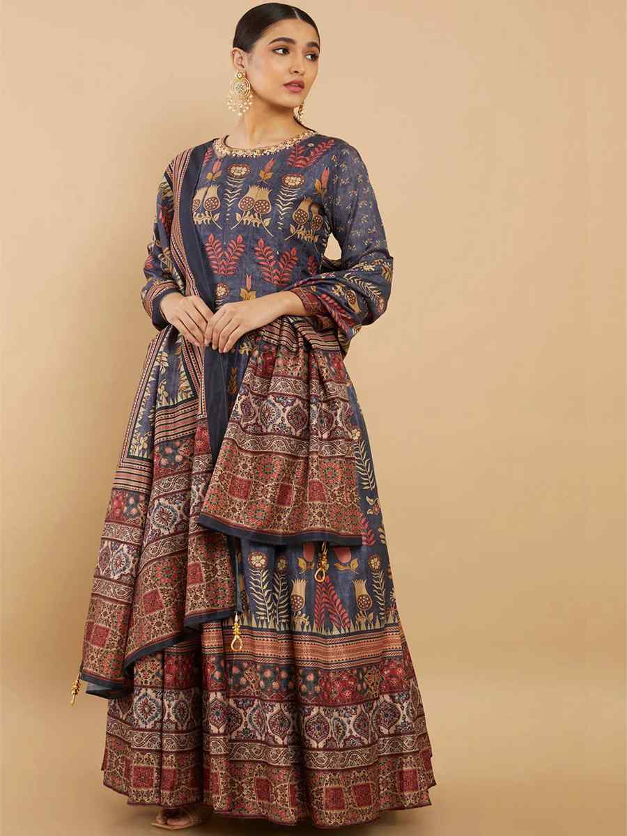 Blue Soft Dola Silk Printed Festival Casual Ready Anarkali Salwar Kameez