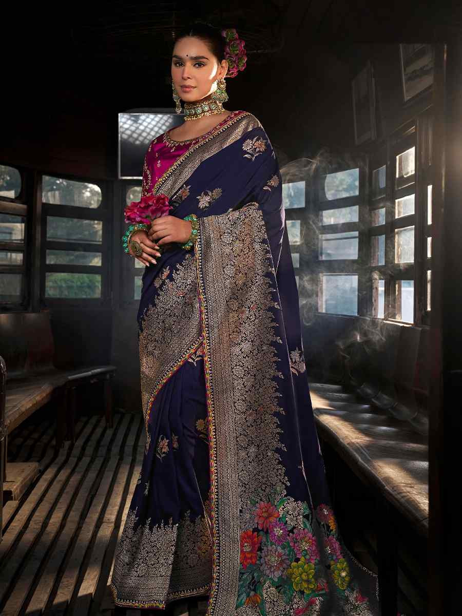 Blue Soft Dola Viscose Silk Handwoven with Embroidered Festival Wedding Fancy Heavy Border Saree