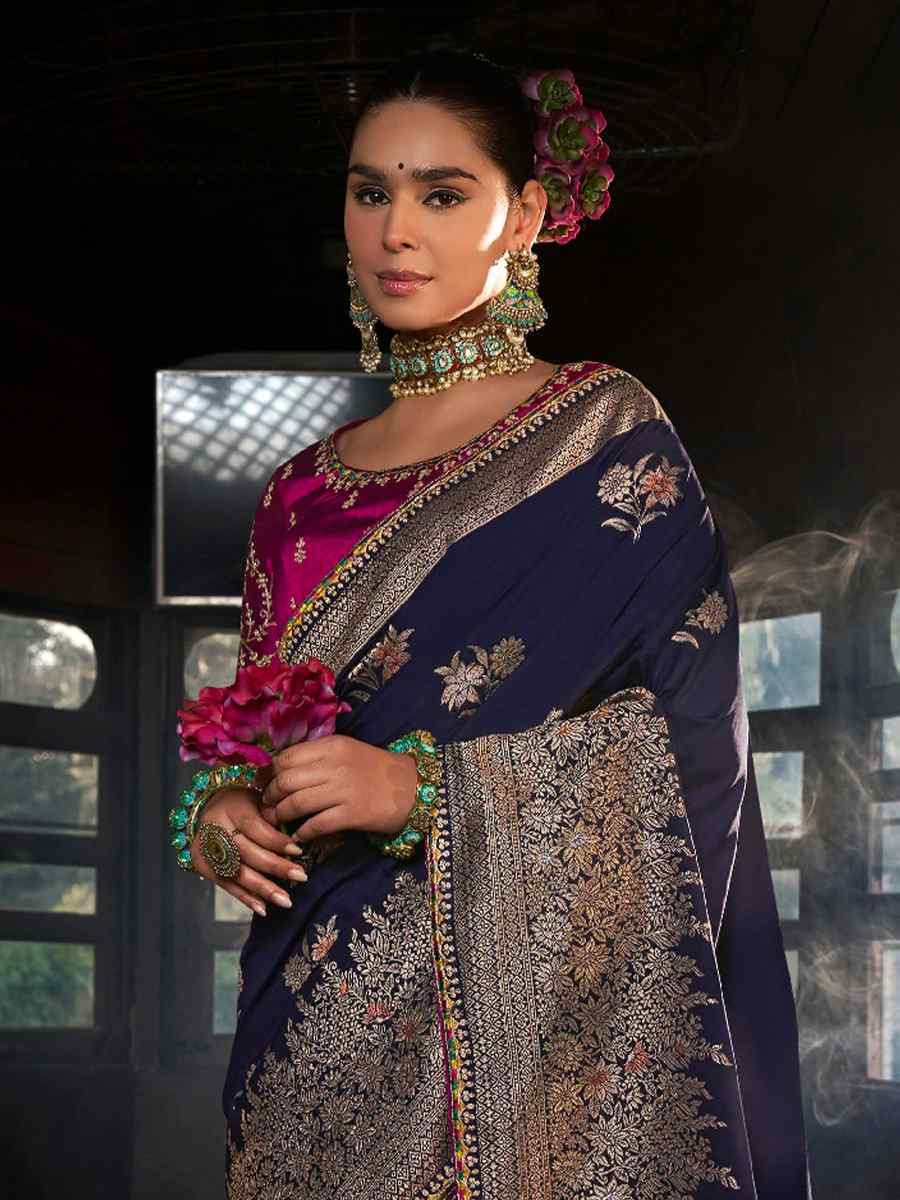 Blue Soft Dola Viscose Silk Handwoven with Embroidered Festival Wedding Fancy Heavy Border Saree