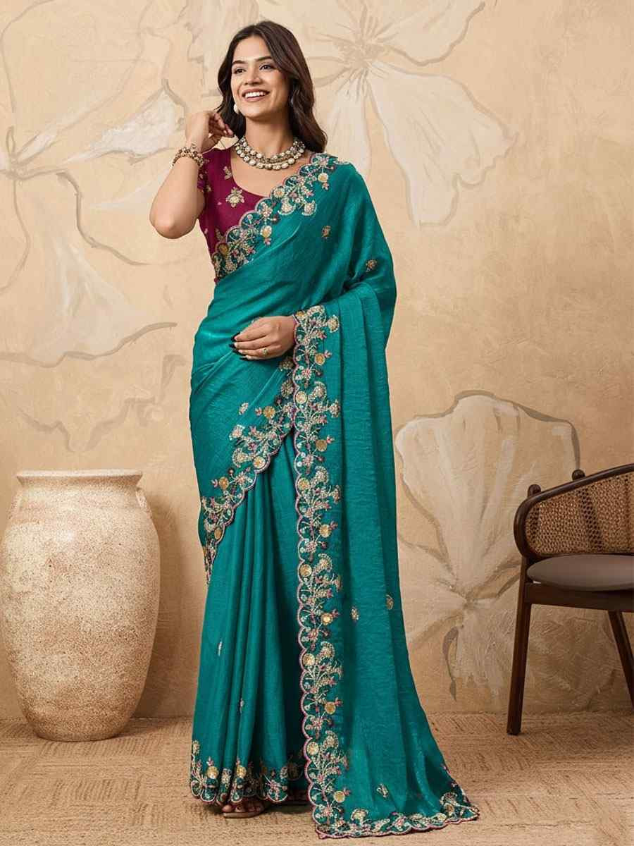 Blue Soft Fendy Chiffon Embroidery Festival Wedding Fancy Heavy Border Saree