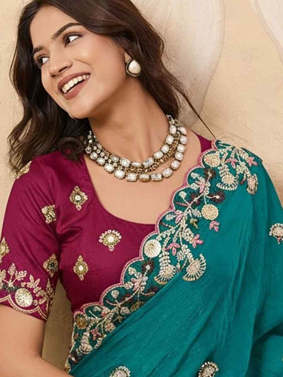 Blue Soft Fendy Chiffon Embroidery Festival Wedding Fancy Heavy Border Saree