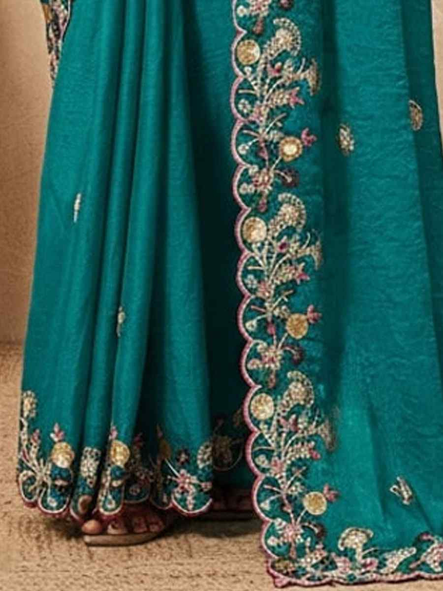 Blue Soft Fendy Chiffon Embroidery Festival Wedding Fancy Heavy Border Saree