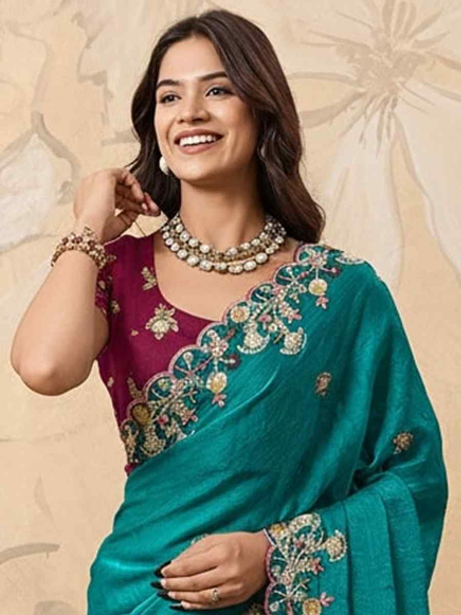Blue Soft Fendy Chiffon Embroidery Festival Wedding Fancy Heavy Border Saree