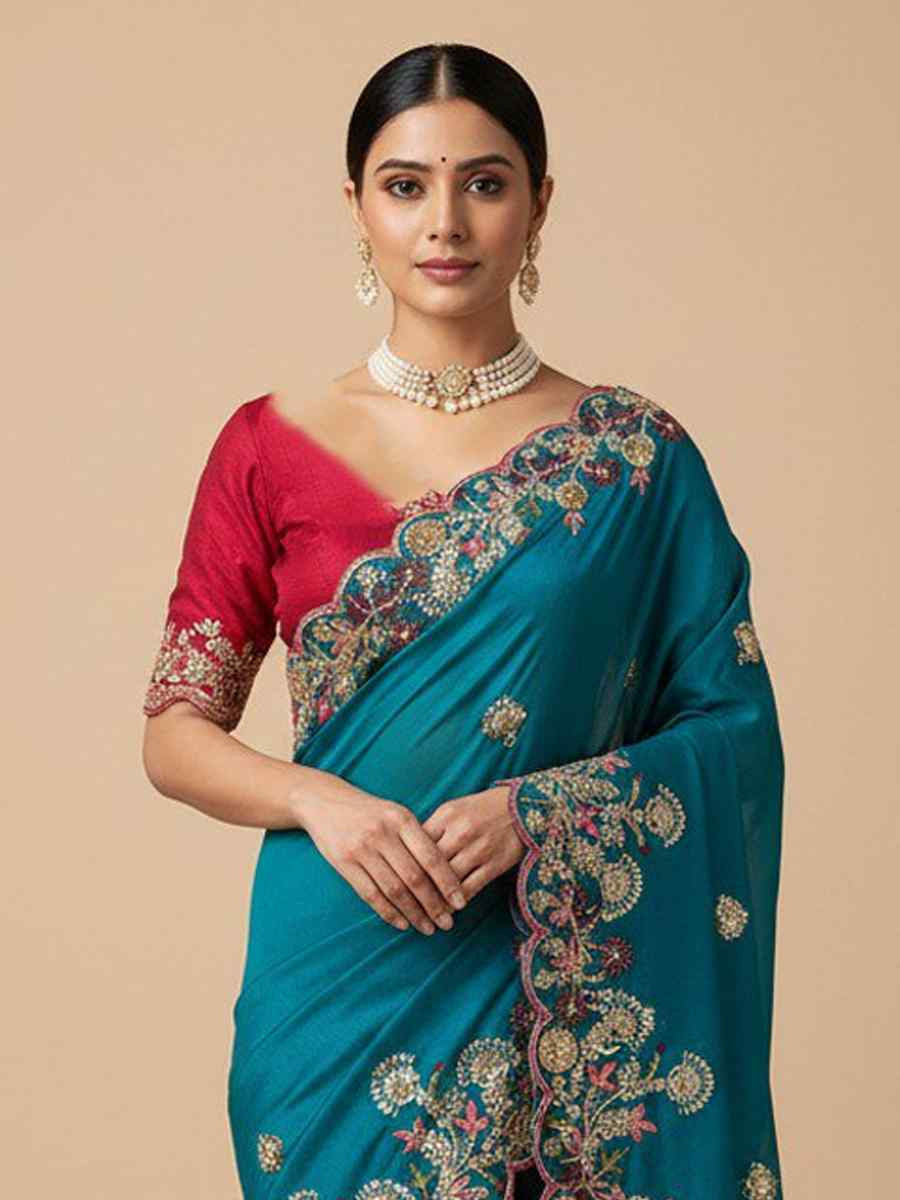 Blue Soft Fendy Chiffon Embroidery Handwoven Festival Wedding Fancy Heavy Border Saree