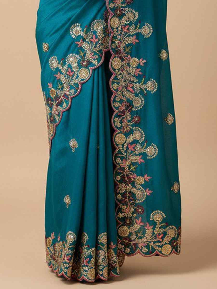 Blue Soft Fendy Chiffon Embroidery Handwoven Festival Wedding Fancy Heavy Border Saree