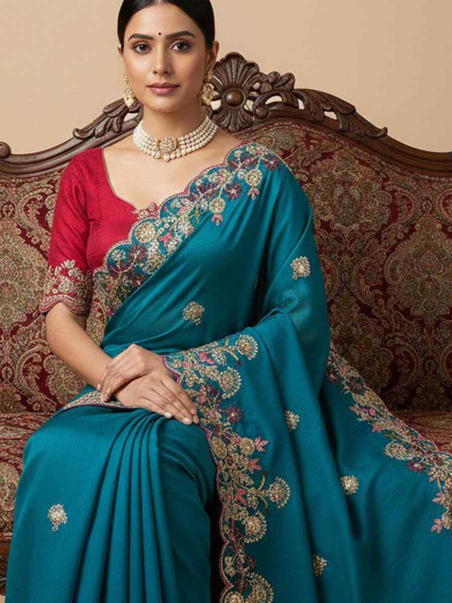 Blue Soft Fendy Chiffon Embroidery Handwoven Festival Wedding Fancy Heavy Border Saree