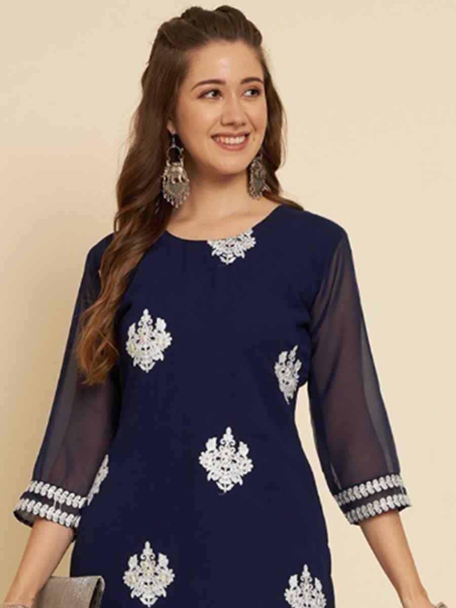 Blue Soft Georgette Embroidered Festival Casual Kurti