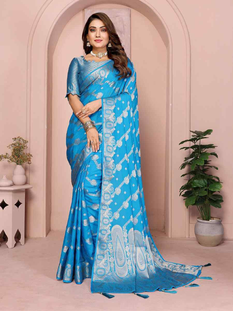 Blue Soft Georgette Silk Handwoven Festival Wedding Fancy Heavy Border Saree