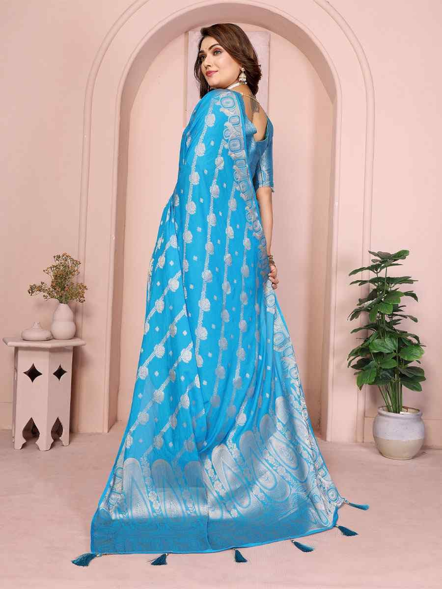Blue Soft Georgette Silk Handwoven Festival Wedding Fancy Heavy Border Saree
