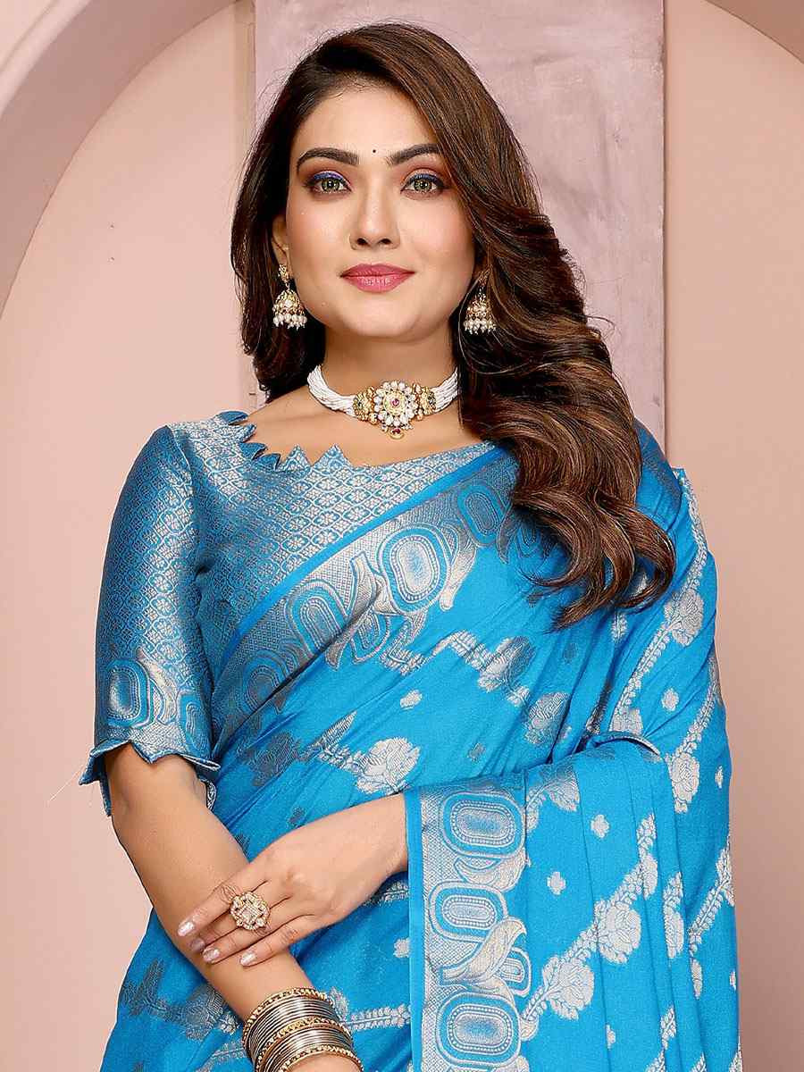 Blue Soft Georgette Silk Handwoven Festival Wedding Fancy Heavy Border Saree