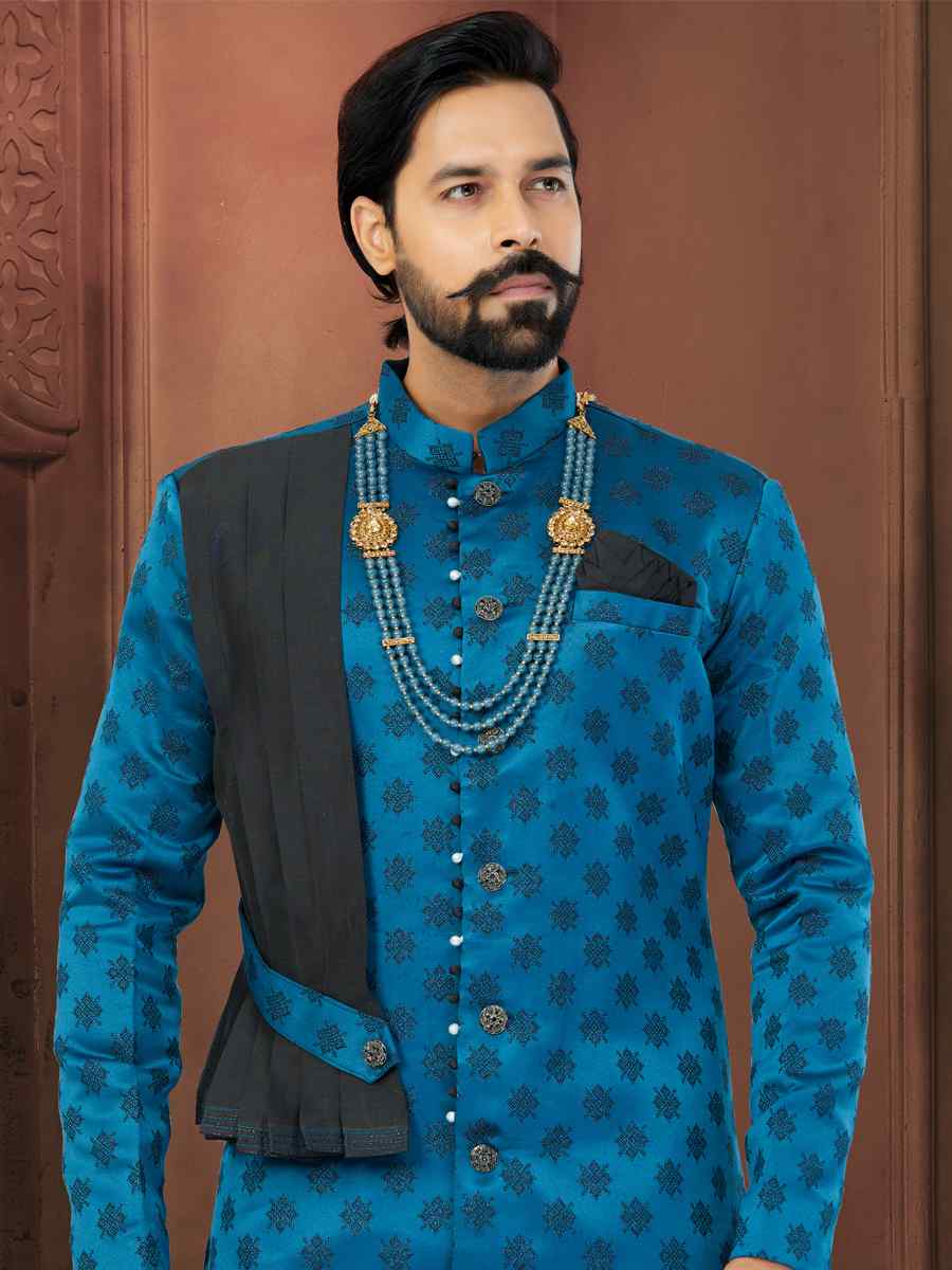 Blue Soft Jacquard Embroidered Wedding Groom Sherwani