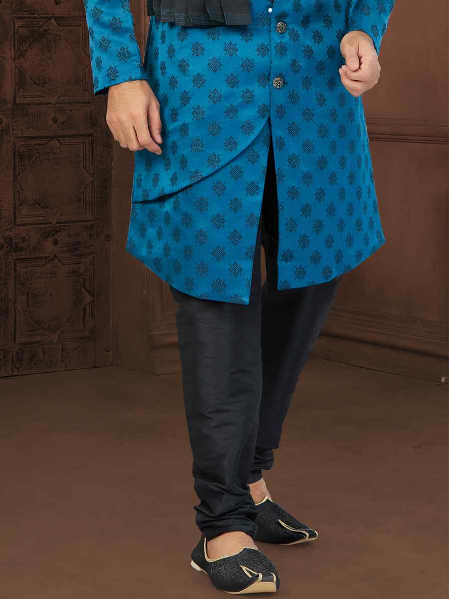 Blue Soft Jacquard Embroidered Wedding Groom Sherwani