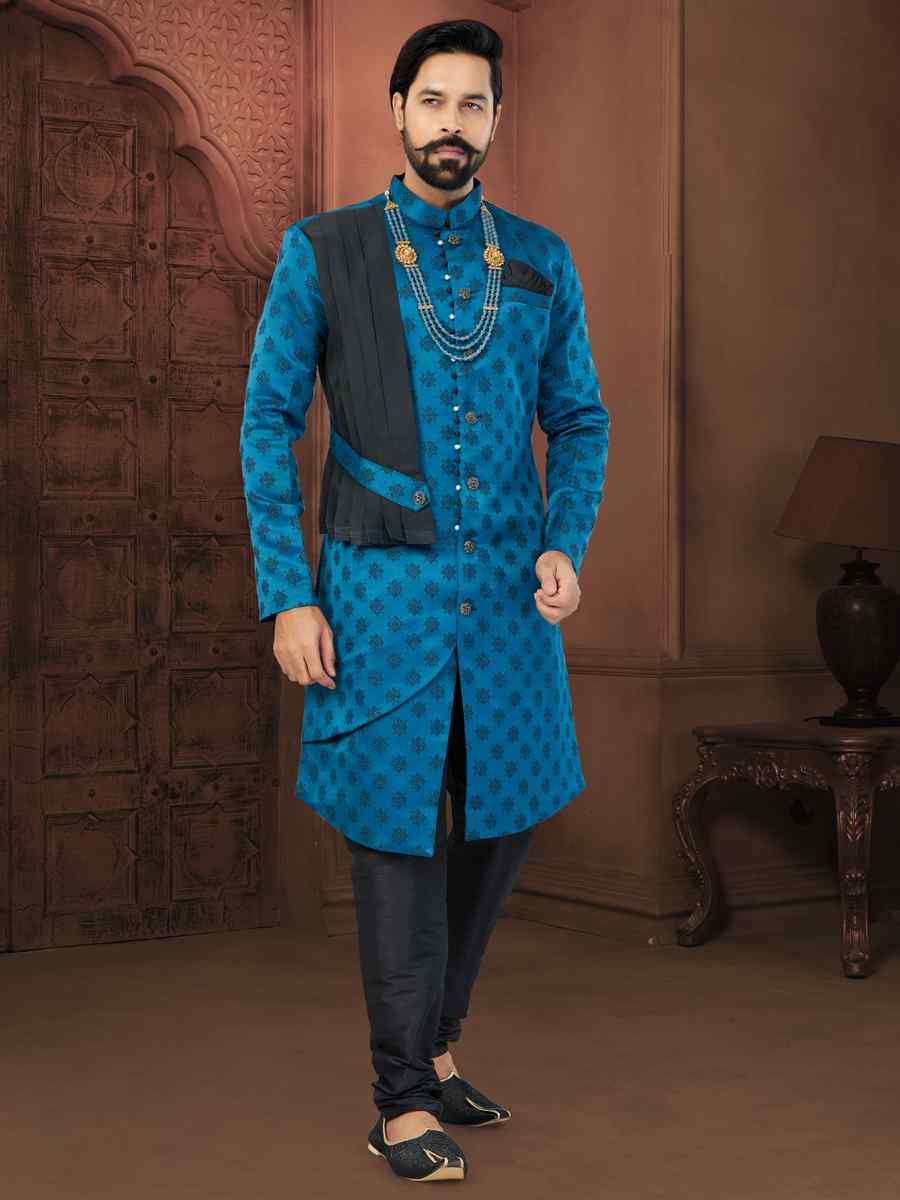 Blue Soft Jacquard Embroidered Wedding Groom Sherwani