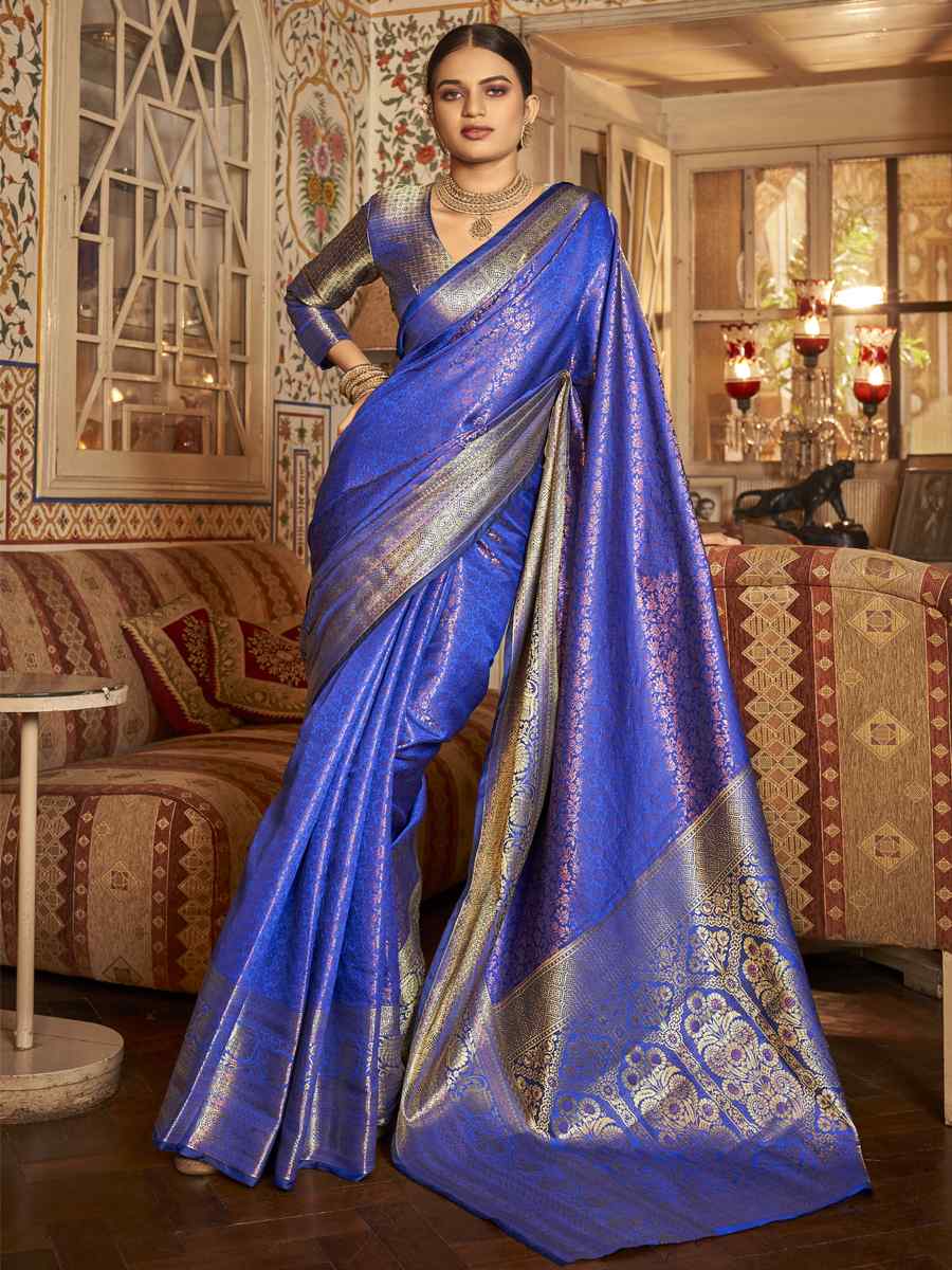Blue Soft Kanjeevaram Handwoven Wedding Festival Heavy Border Saree
