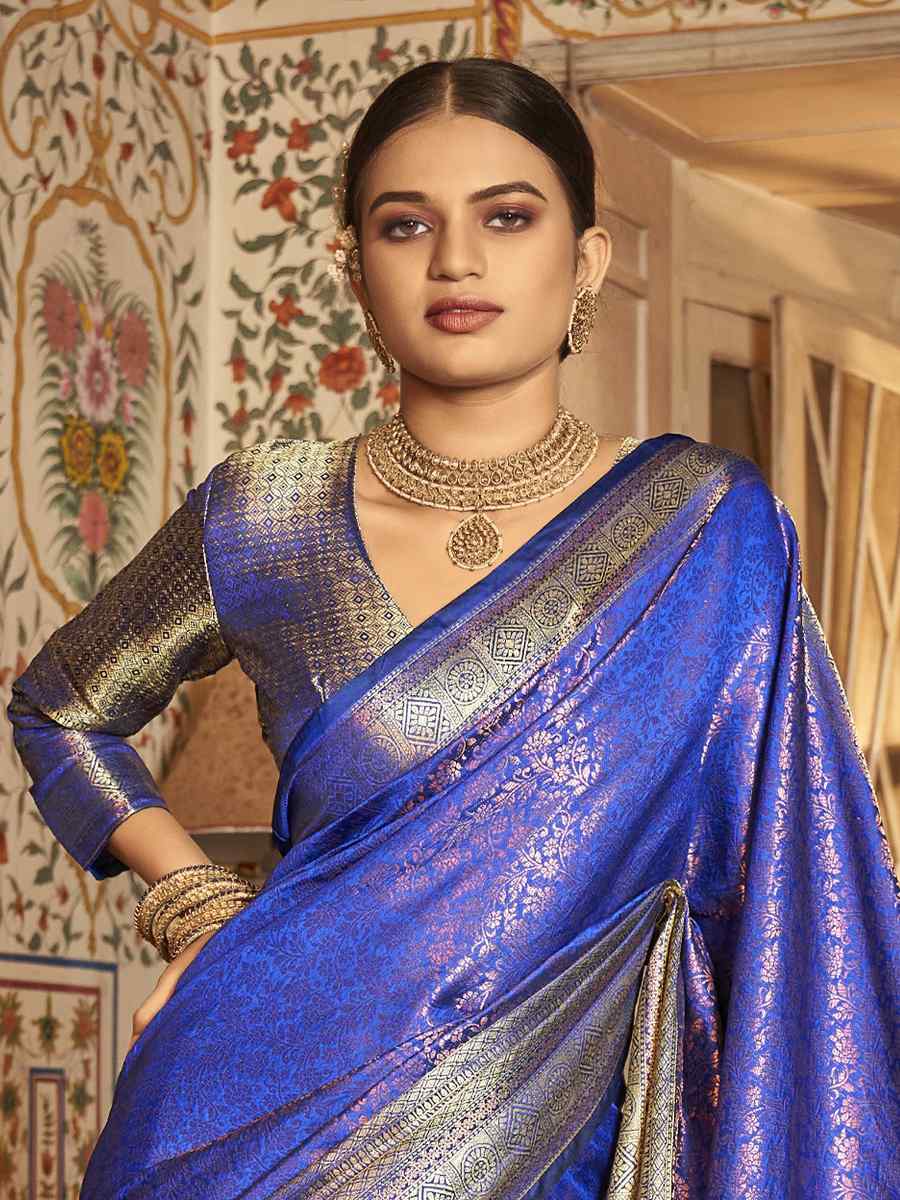 Blue Soft Kanjeevaram Handwoven Wedding Festival Heavy Border Saree
