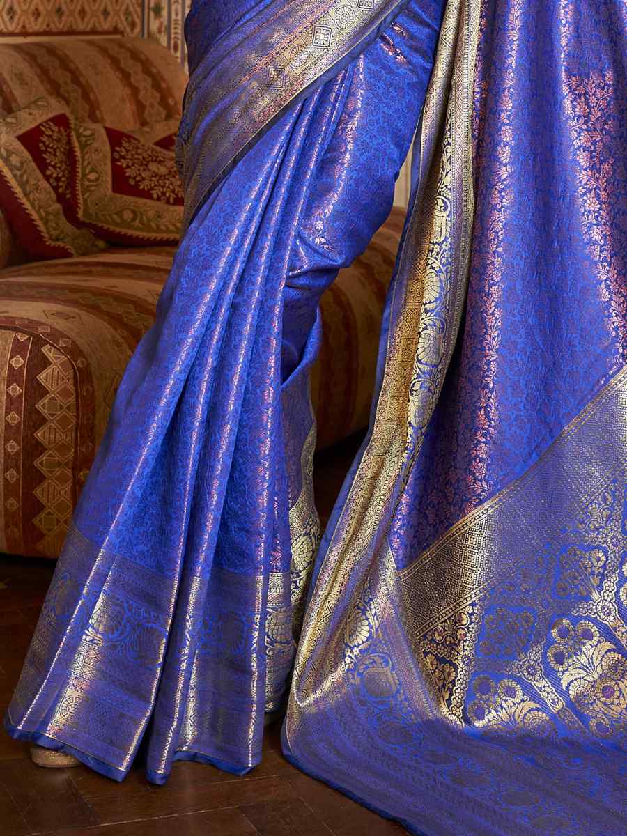 Blue Soft Kanjeevaram Handwoven Wedding Festival Heavy Border Saree