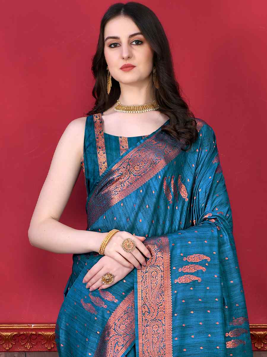Blue Soft Katan Silk Handwoven Wedding Festival Heavy Border Saree