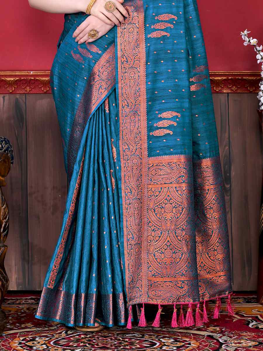 Blue Soft Katan Silk Handwoven Wedding Festival Heavy Border Saree