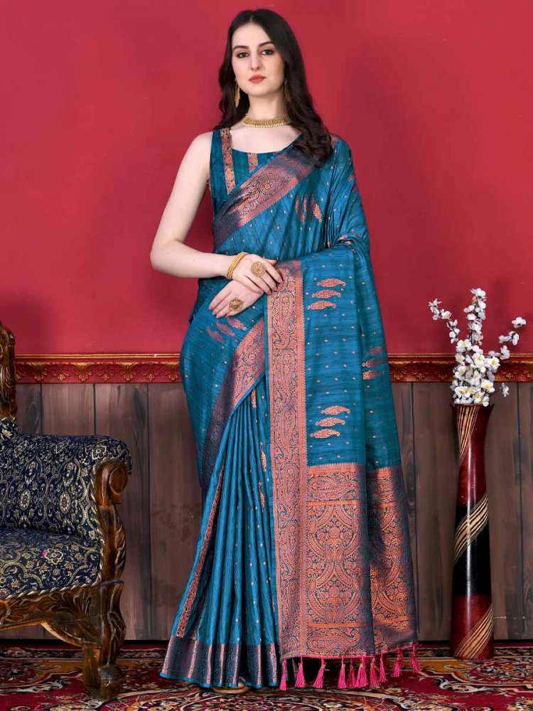 Blue Soft Katan Silk Handwoven Wedding Festival Heavy Border Saree