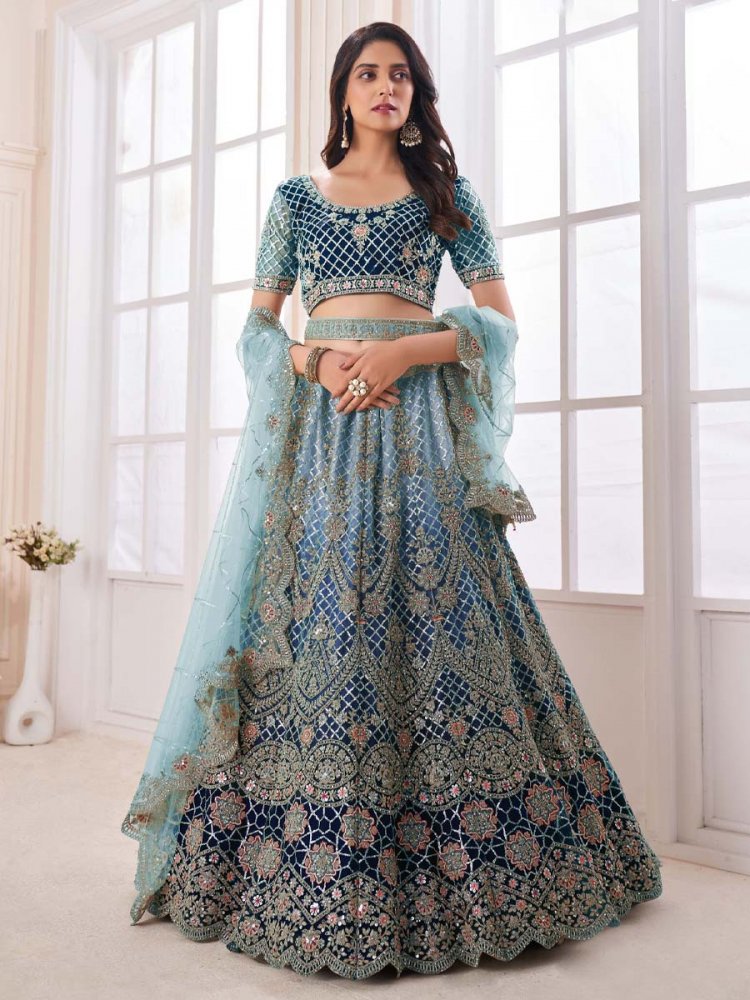 Blue Soft Net Embroidered Engagement Wedding Heavy Border Lehenga Choli