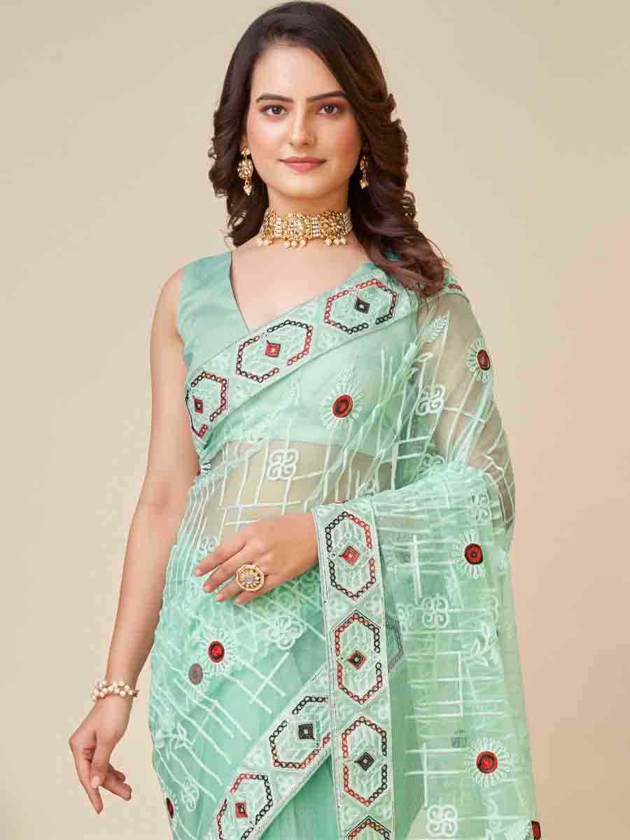 Blue Soft Net Embroidered Festival Party Classic Style Saree