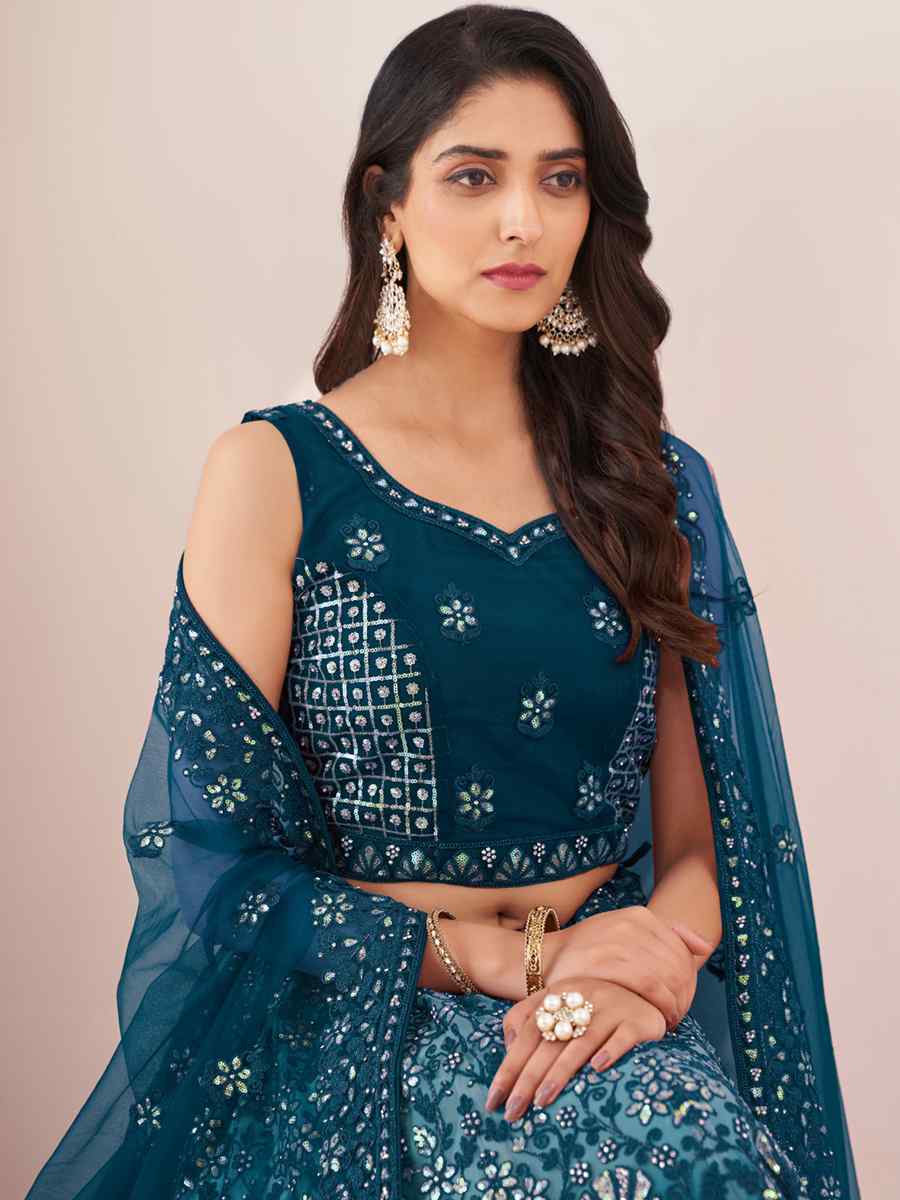 Blue Soft Net Embroidered Festival Wedding Circular Lehenga Choli