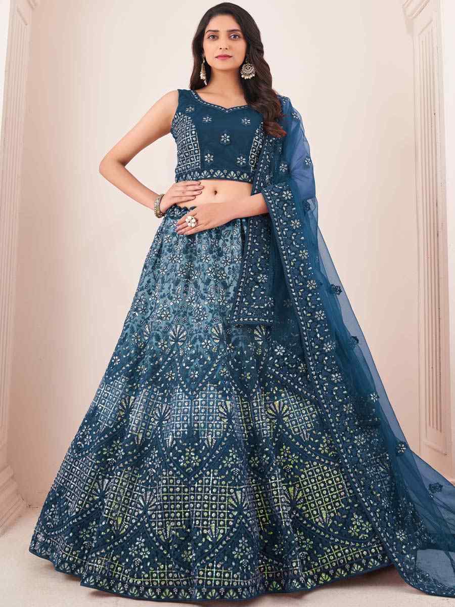 Blue Soft Net Embroidered Festival Wedding Circular Lehenga Choli