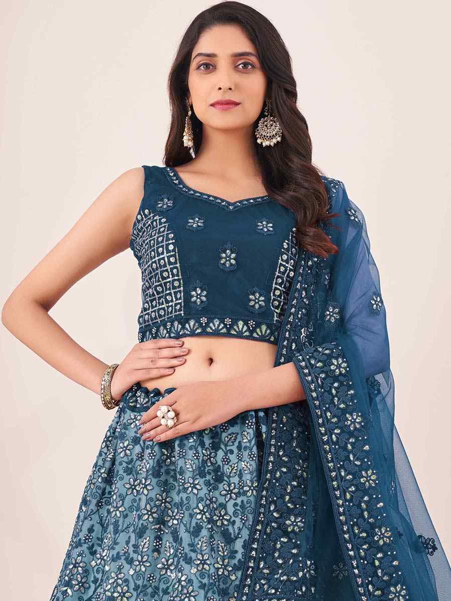 Blue Soft Net Embroidered Festival Wedding Circular Lehenga Choli