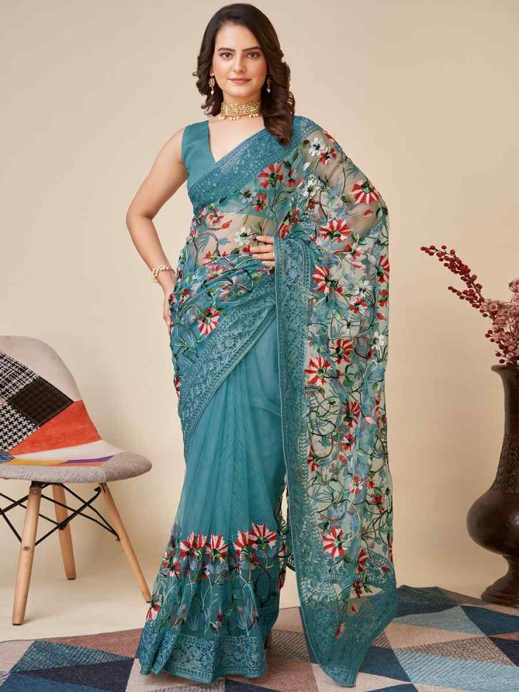 Blue Soft Net Embroidered Party Festival Classic Style Saree