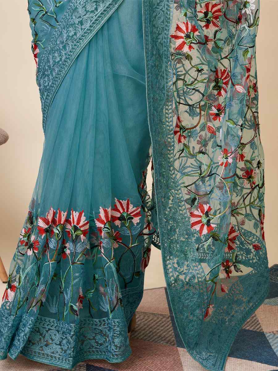 Blue Soft Net Embroidered Party Festival Classic Style Saree