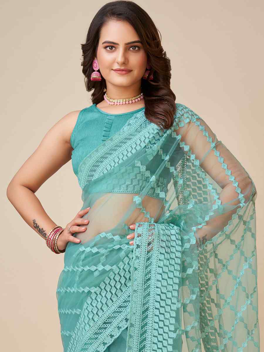 Blue Soft Net Embroidered Party Festival Heavy Border Saree