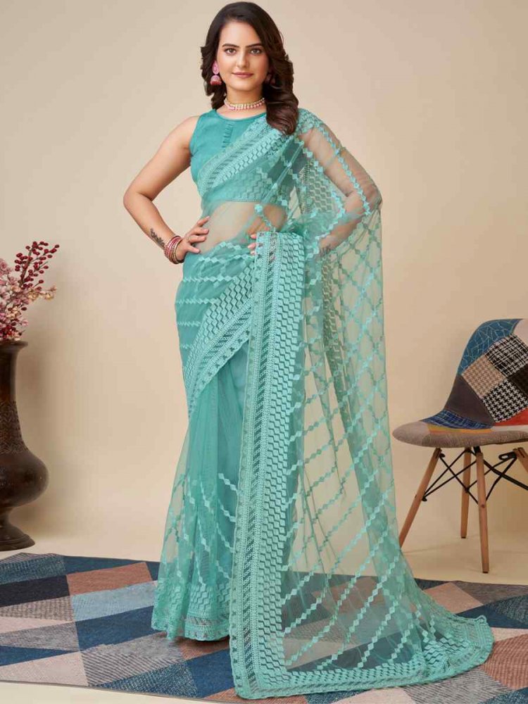 Blue Soft Net Embroidered Party Festival Heavy Border Saree