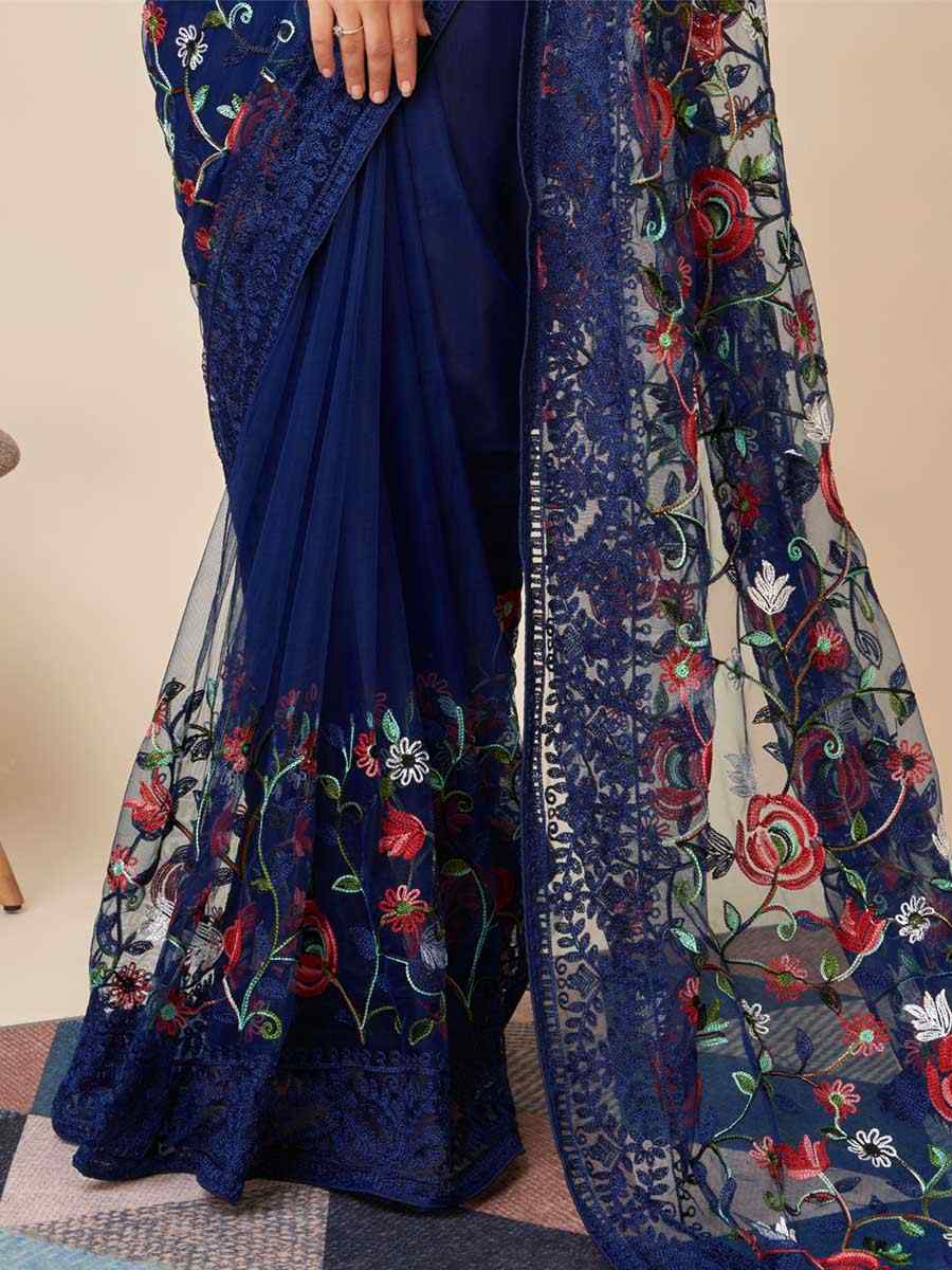 Blue Soft Net Embroidered Party Festival Heavy Border Saree