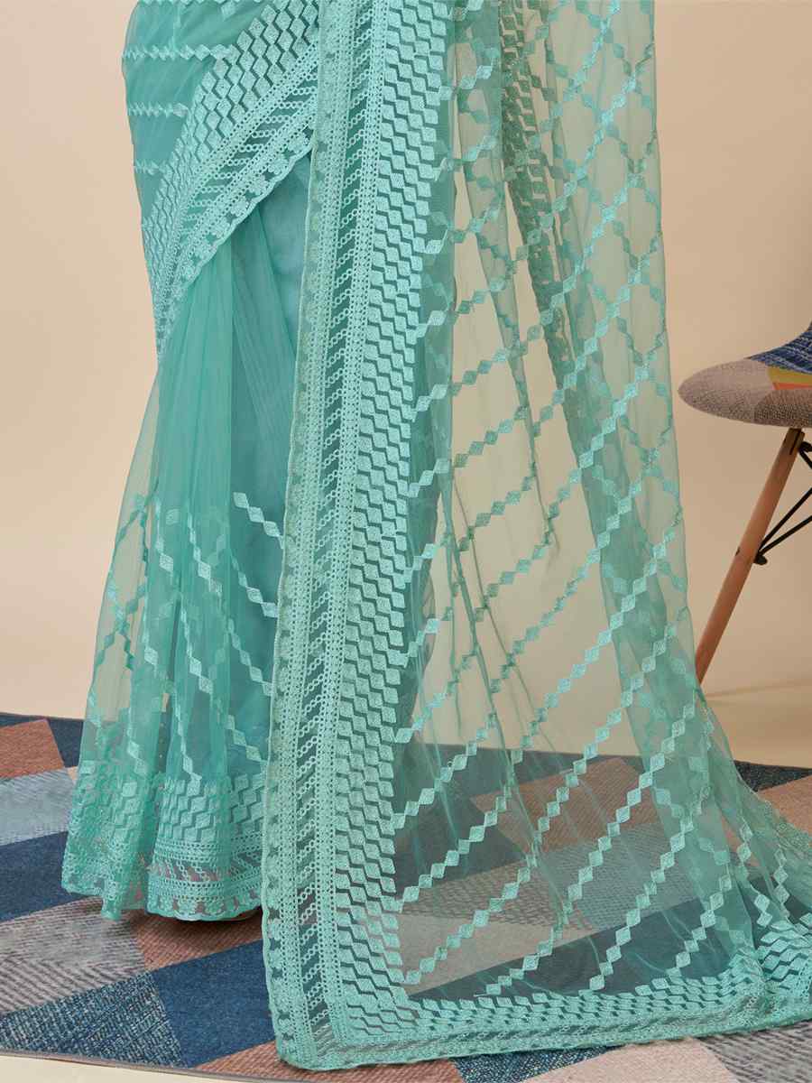 Blue Soft Net Embroidered Party Festival Heavy Border Saree