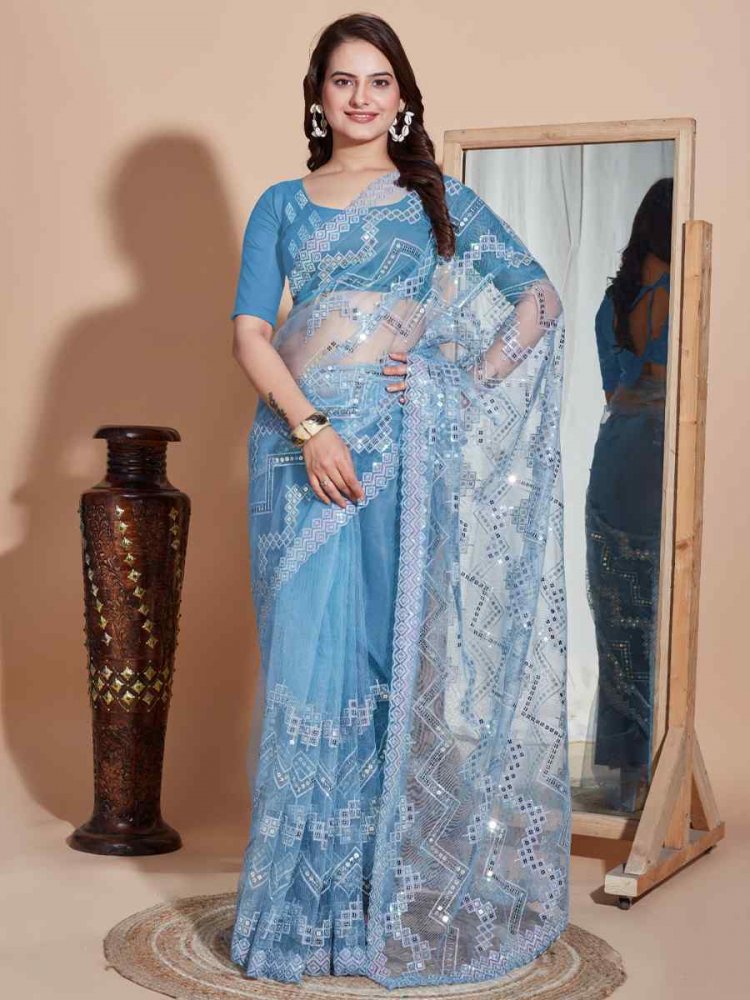 Blue Soft Net Embroidered Party Wedding Classic Style Saree