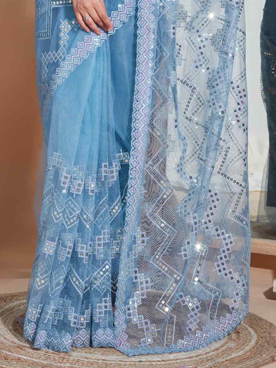 Blue Soft Net Embroidered Party Wedding Classic Style Saree