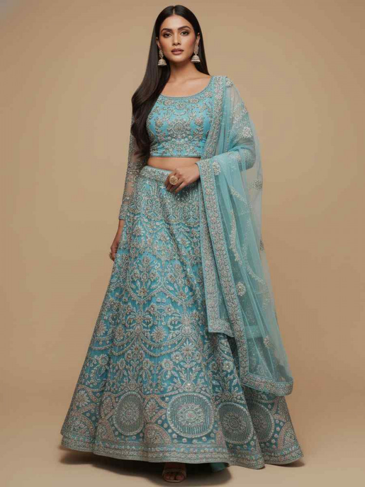 Image of Blue Soft Net Embroidered Wedding Reception Festival Heavy Border Lehenga Choli