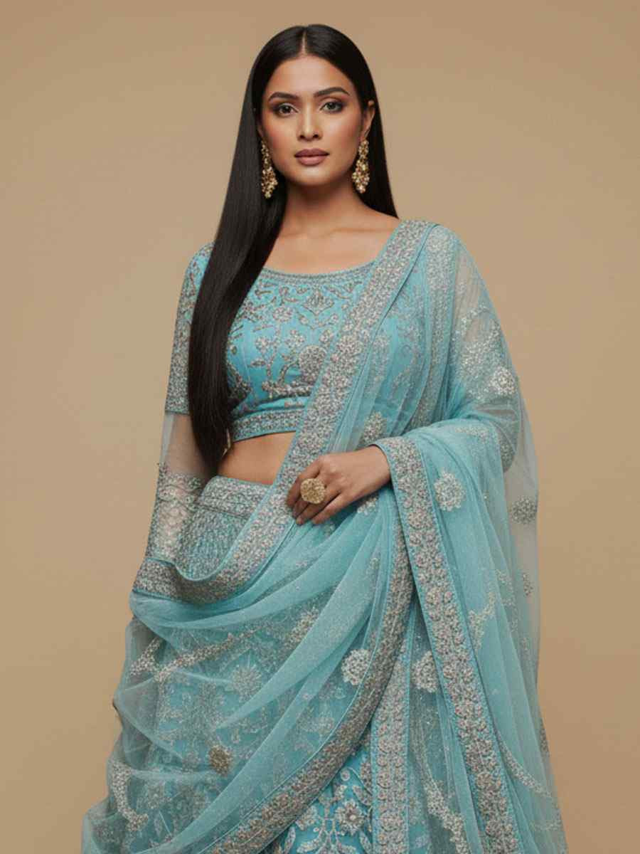 Blue Soft Net Embroidered Wedding Reception Festival Heavy Border Lehenga Choli