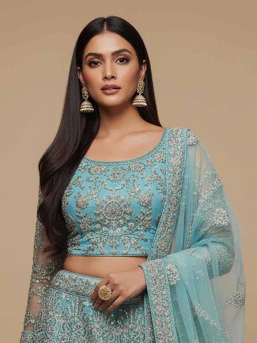 Blue Soft Net Embroidered Wedding Reception Festival Heavy Border Lehenga Choli