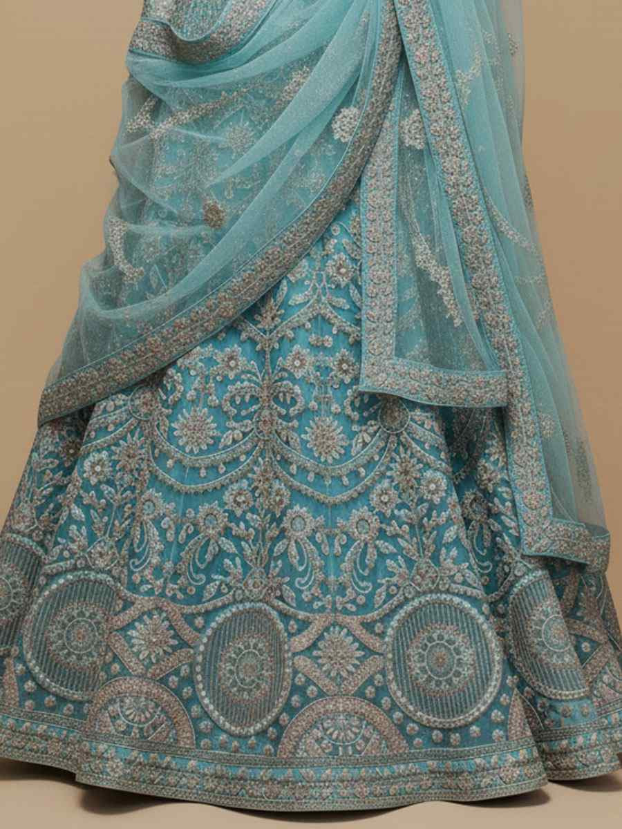 Blue Soft Net Embroidered Wedding Reception Festival Heavy Border Lehenga Choli